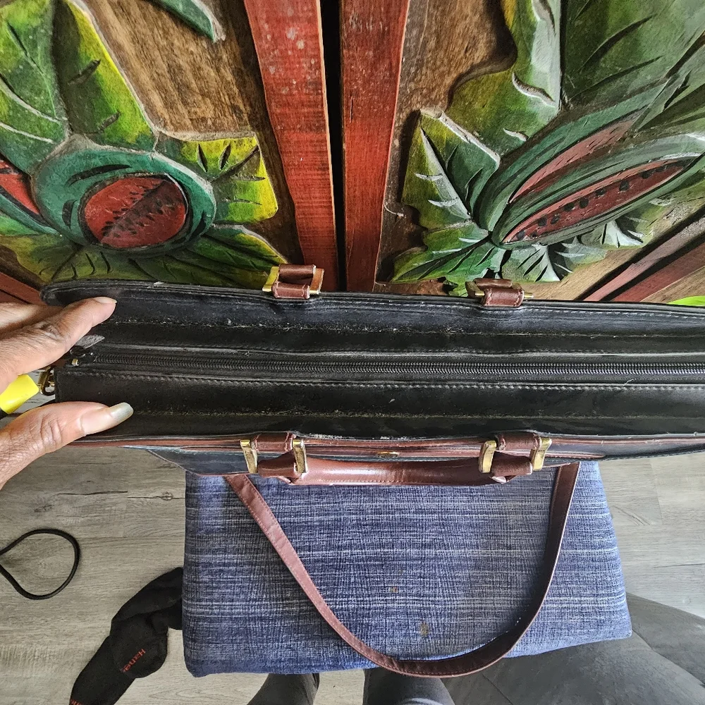 Vintage 1970s Brown Black Leather Briefcase Craftmanship Some Wear Gold Shield